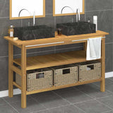 vidaXL Washbasin Cabinet with Basins Solid Teak Marble Black