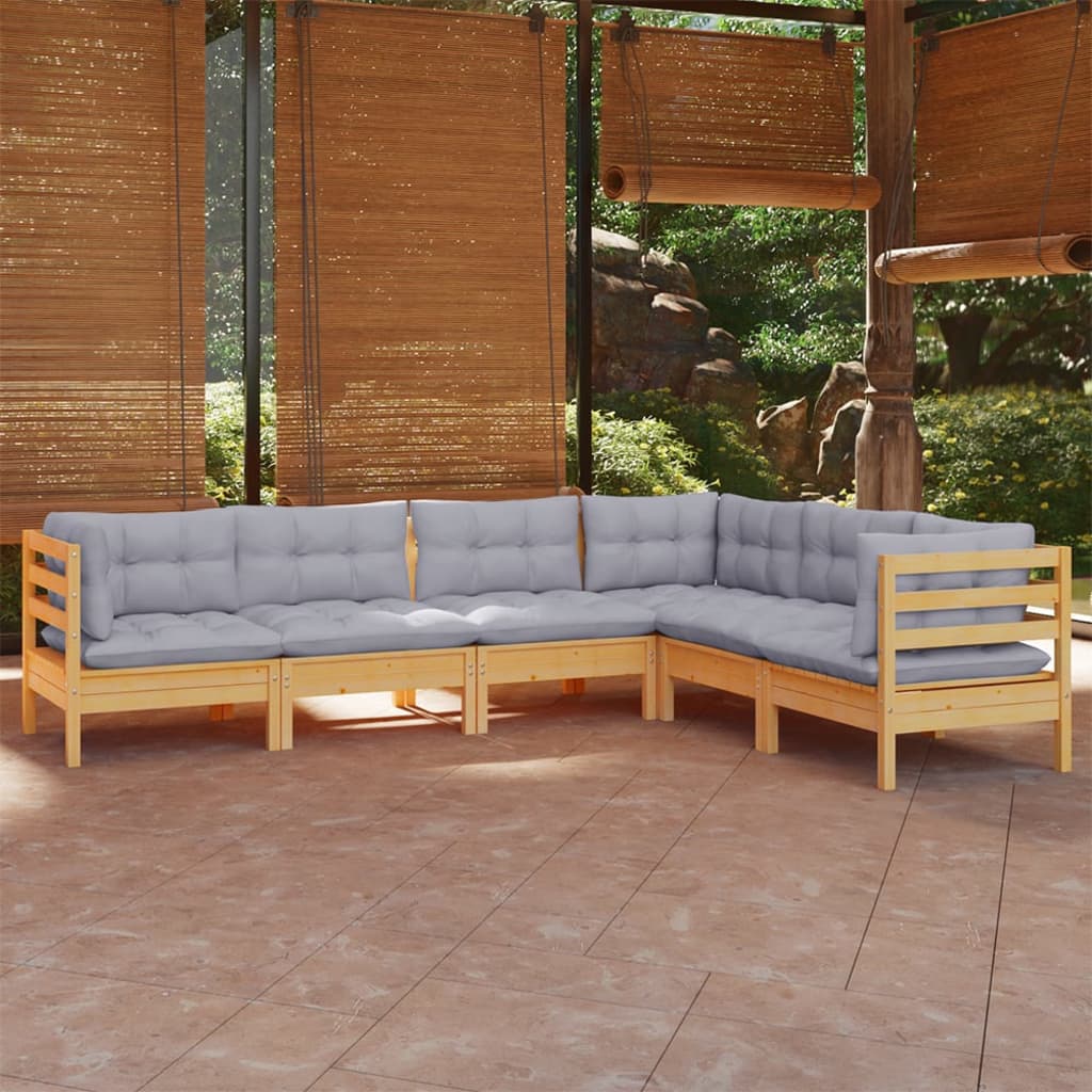 vidaXL 6-Piece Lounge Set with Grey Cushions Solid Pine Wood