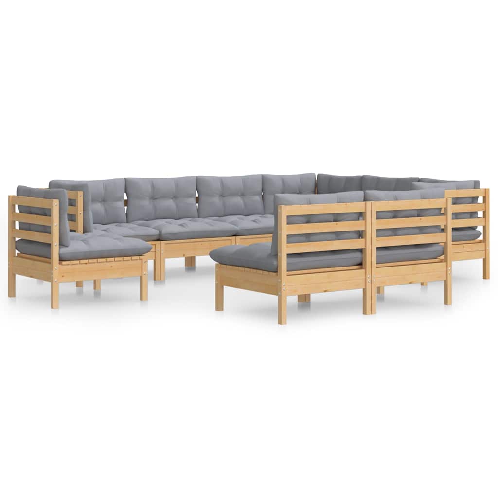 vidaXL 9-delige Loungeset met grijze kussens massief grenenhout