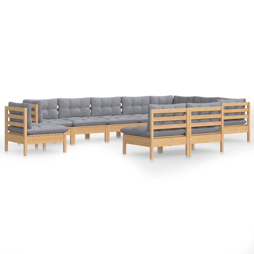 vidaXL 10-delige Loungeset met grijze kussens massief grenenhout