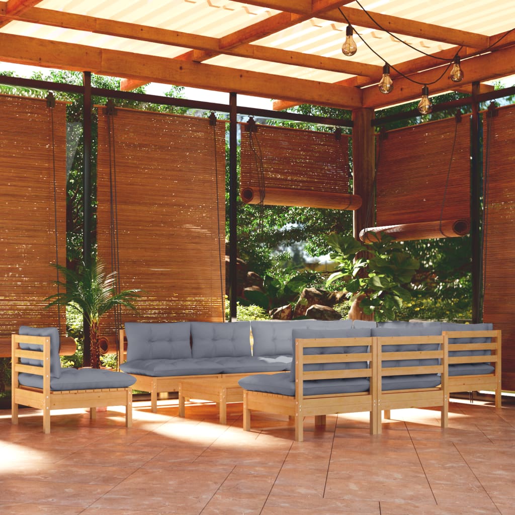 vidaXL 11-Piece Lounge Set with Grey Cushions Solid Pinewood