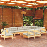vidaXL 11-Piece Lounge Set with Grey Cushions Solid Pinewood