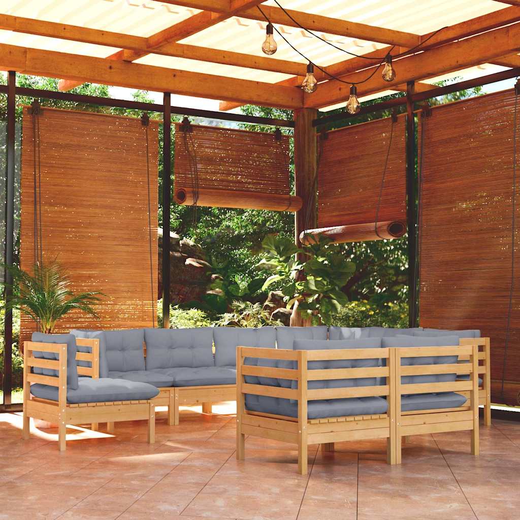 vidaXL 9-piece Lounge Set with Grey Cushions Solid Pine Wood