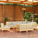 vidaXL 9-piece Lounge Set with Grey Cushions Solid Pine Wood