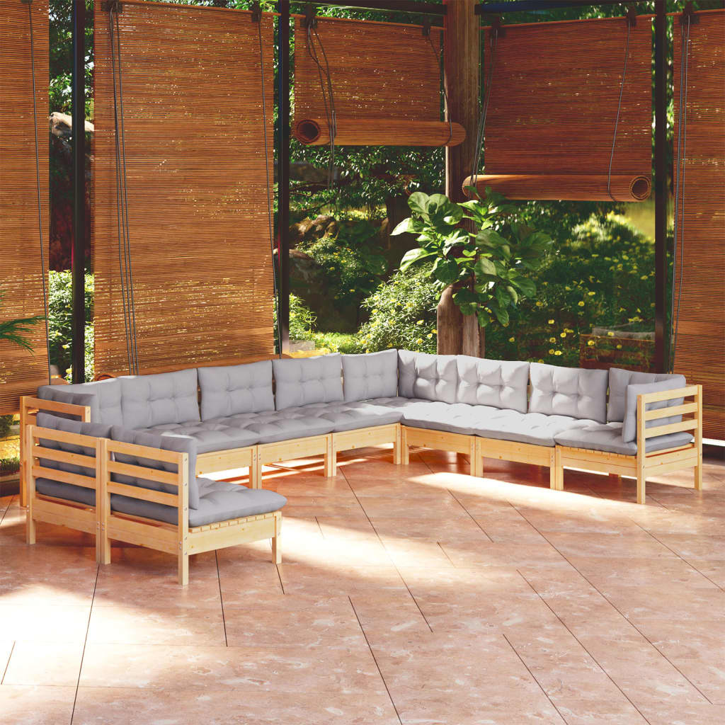 vidaXL 10-Piece Lounge Set with Grey Cushions Solid Pinewood