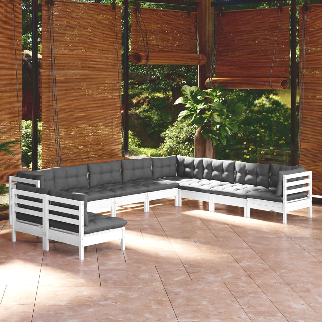 vidaXL 10-Piece Lounge Set with Grey Cushions Solid Pinewood