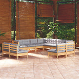 vidaXL 11-Piece Lounge Set with Grey Cushions Solid Pine Wood