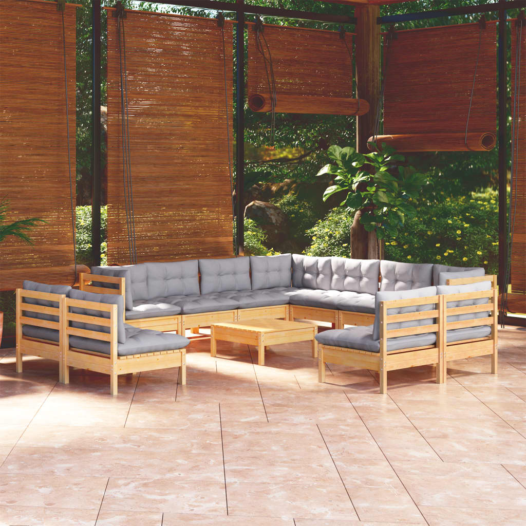 vidaXL 12-Piece Lounge Set with Grey Cushions Solid Pine Wood