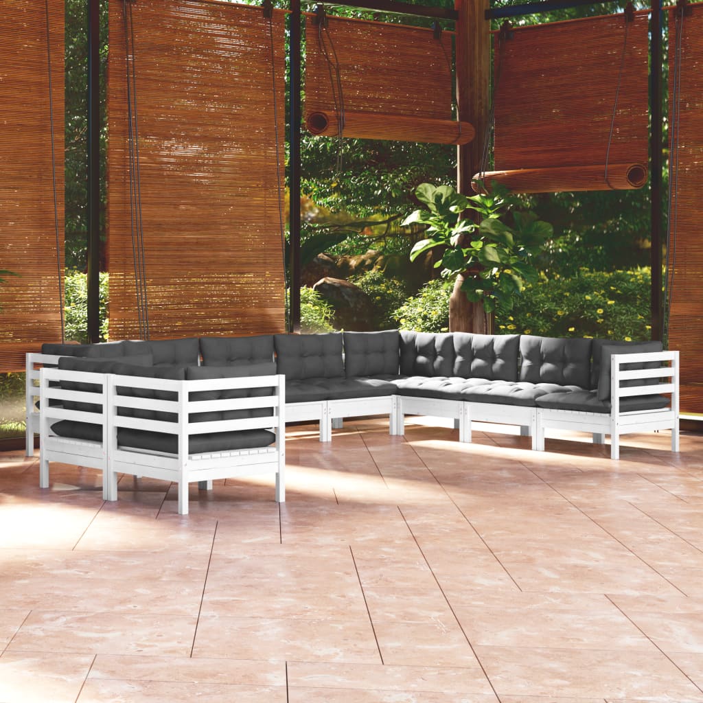 vidaXL 10-Piece Lounge Set with Grey Cushions Solid Pinewood