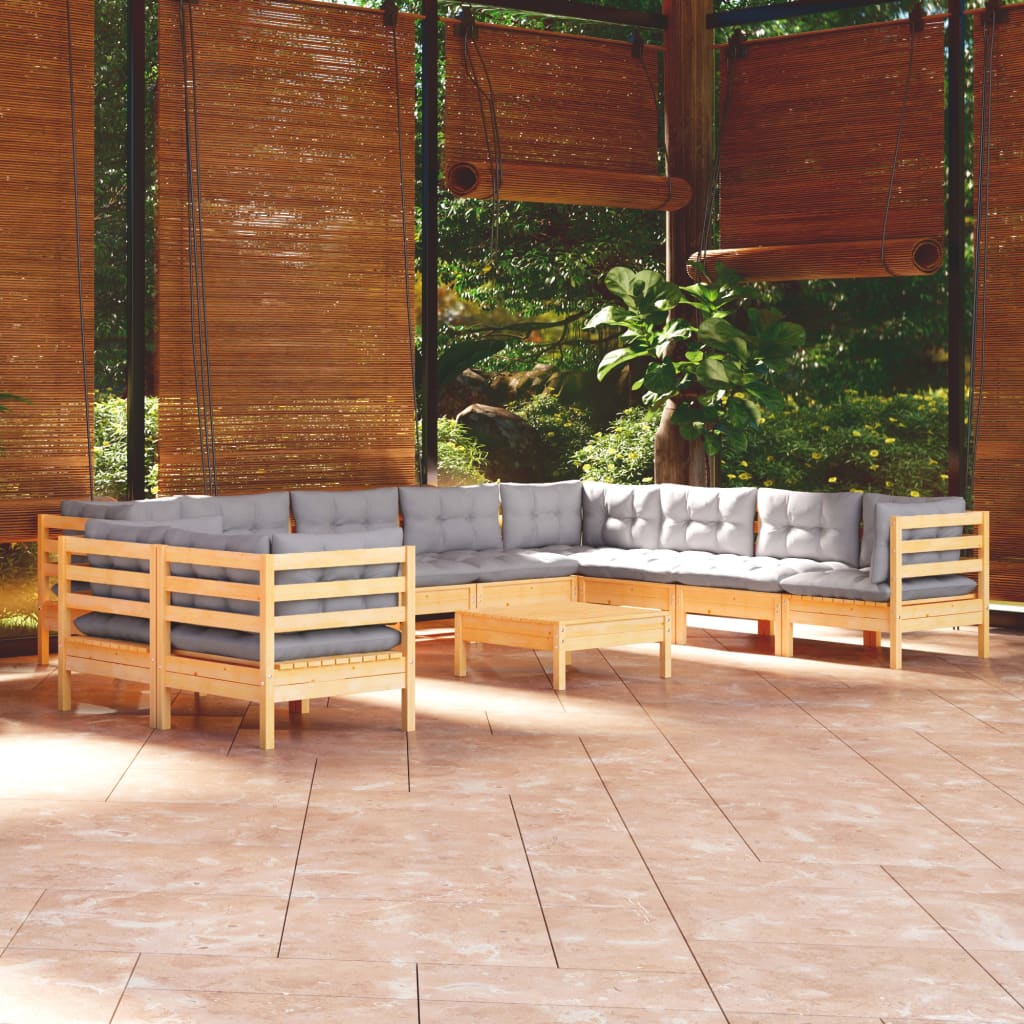 vidaXL 11-Piece Lounge Set with Grey Cushions Solid Pine Wood