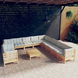 vidaXL 12-piece Lounge Set with Grey Cushions Solid Pine Wood