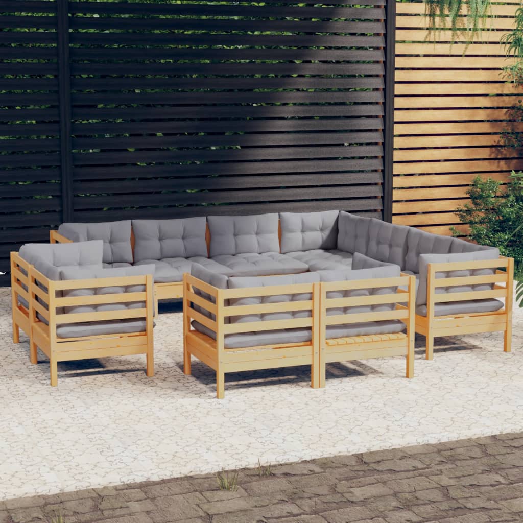 vidaXL 11-Piece Lounge Set with Grey Cushions Solid Pine Wood