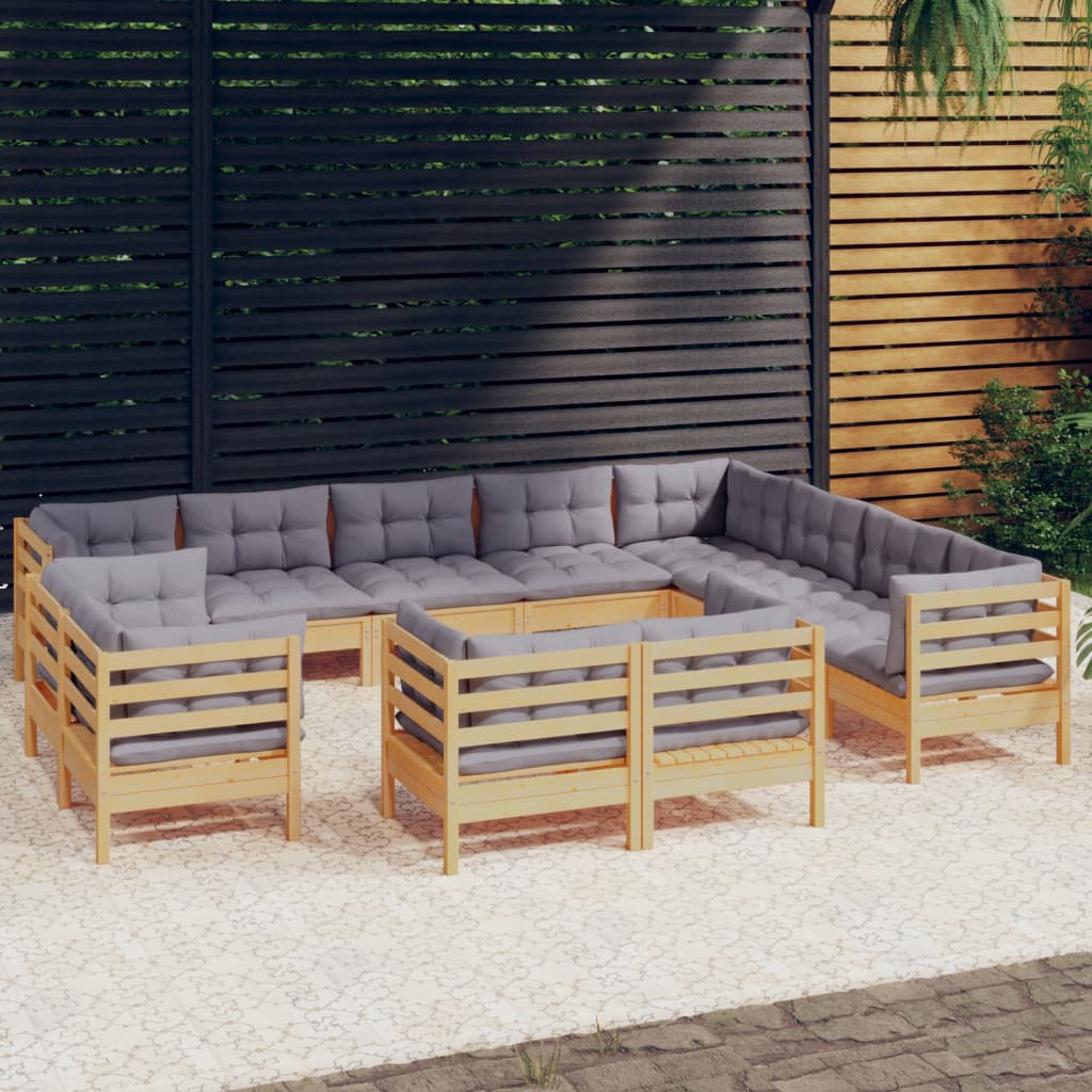 vidaXL 12-piece Lounge Set with Grey Cushions Solid Pine Wood