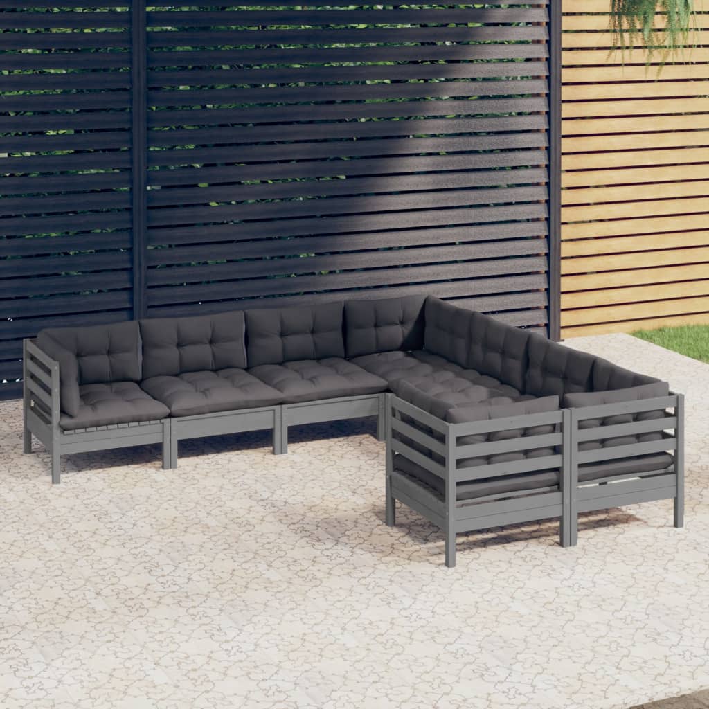 vidaXL 8-Piece Lounge Set with Grey Cushions Solid Pinewood