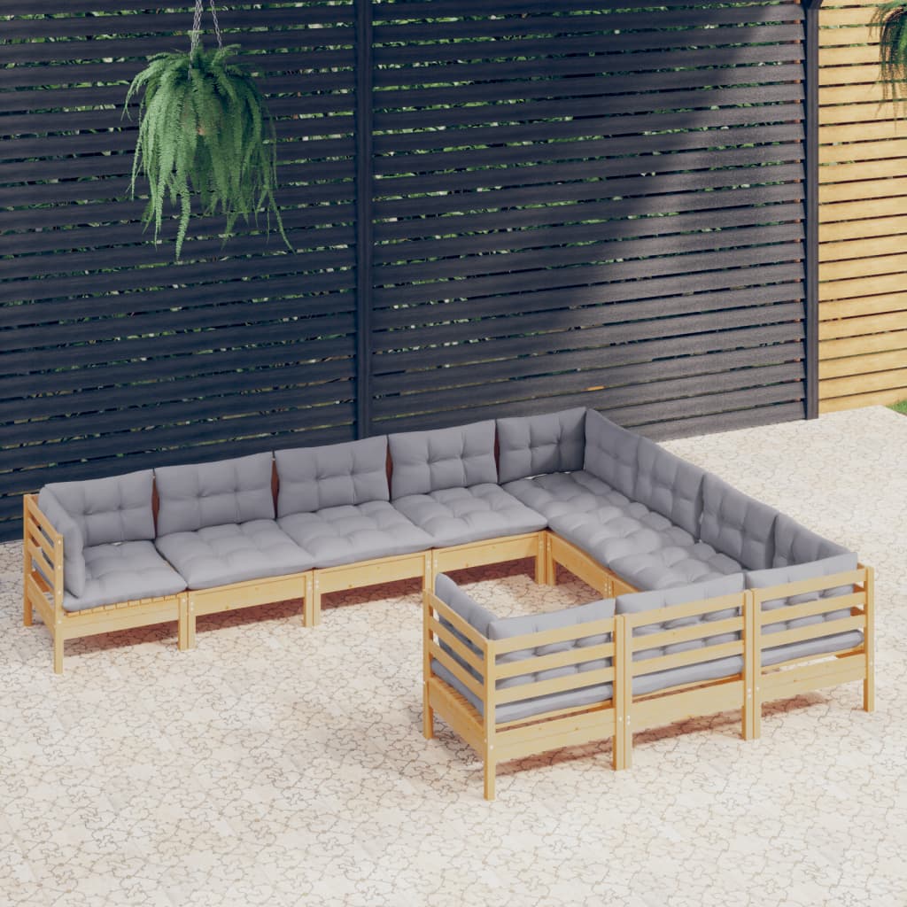 vidaXL 10-delige Loungeset met grijze kussens grenenhout