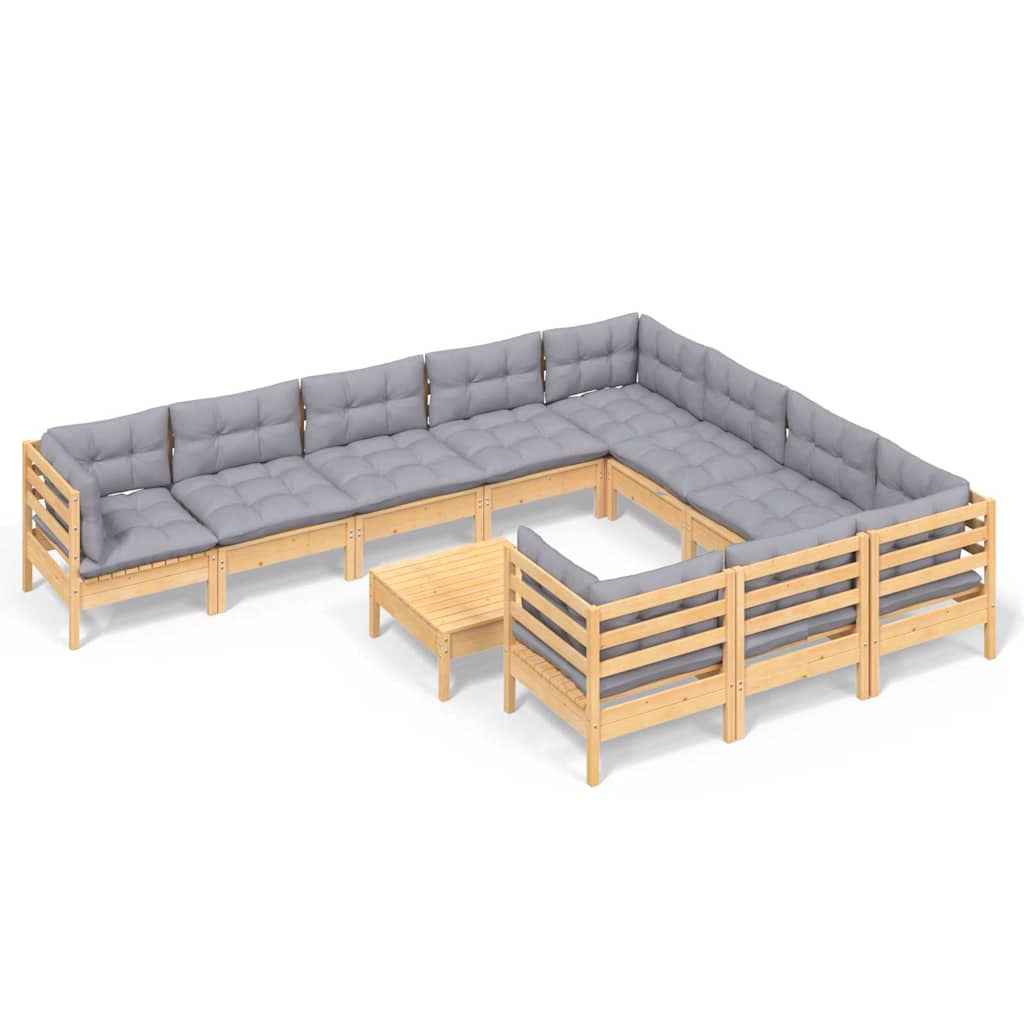 vidaXL 11-delige Loungeset met grijze kussens grenenhout