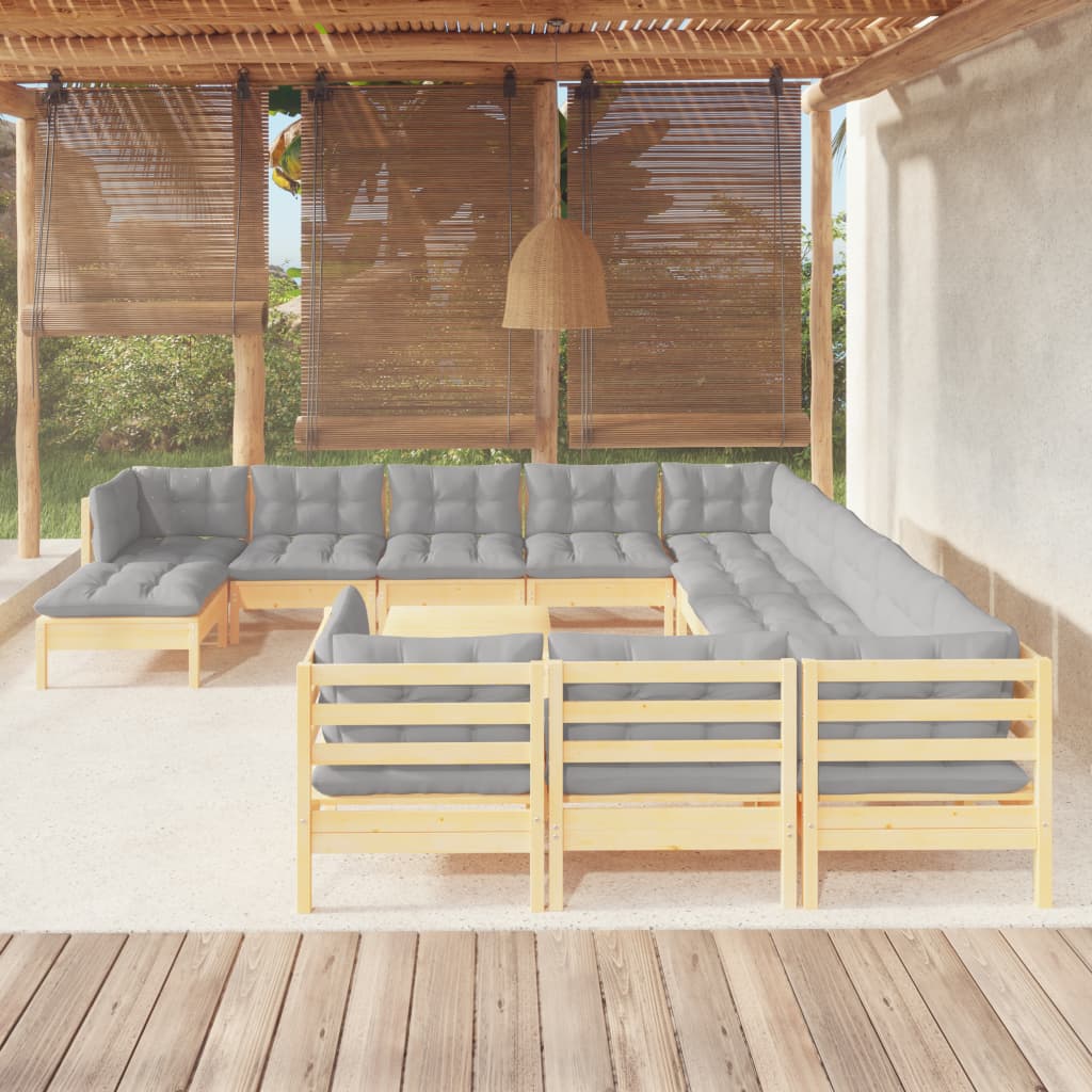 vidaXL 13-delige Loungeset met grijze kussens grenenhout