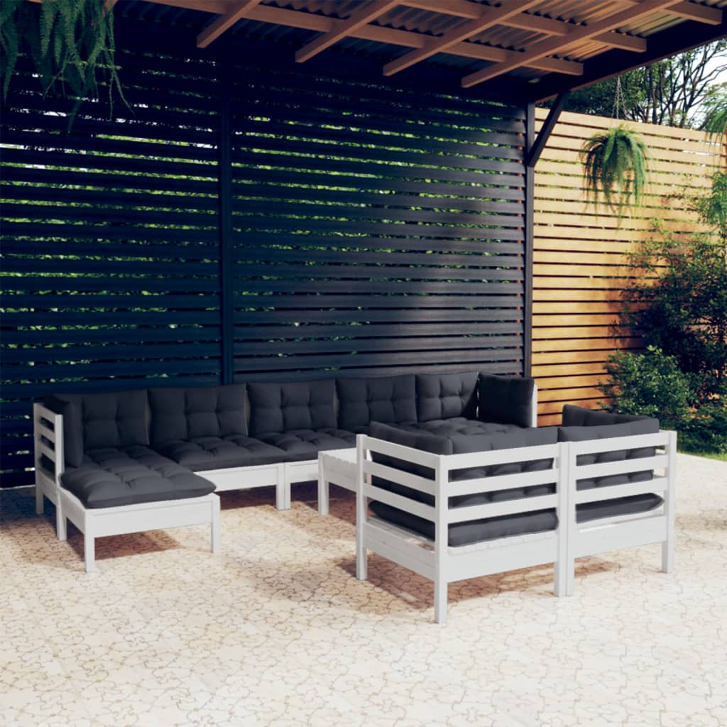 vidaXL 10-Piece Lounge Set with Grey Cushions Solid Pinewood