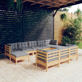 vidaXL 10-Piece Lounge Set with Grey Cushions Solid Pinewood