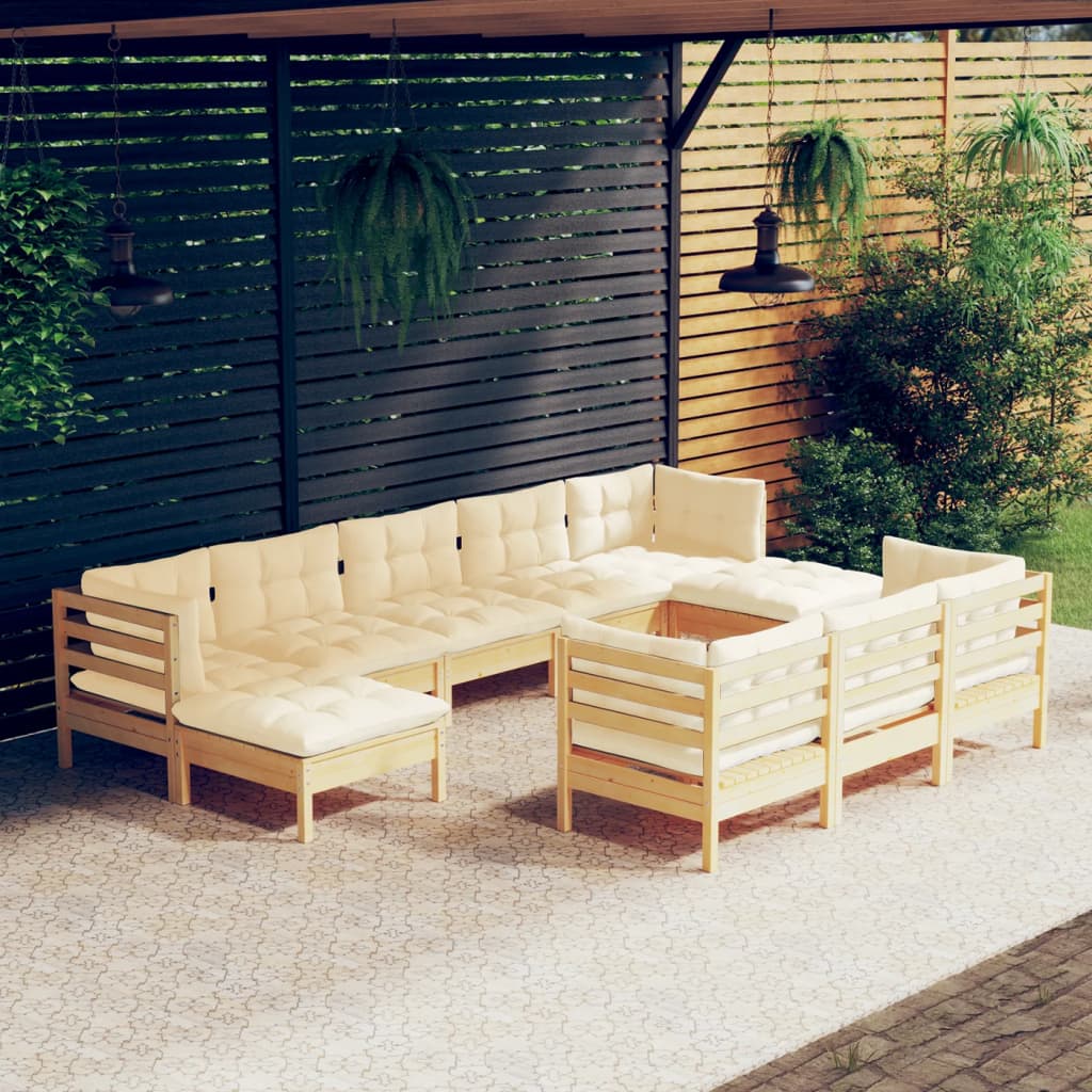 vidaXL 10-Piece Lounge Set with Grey Cushions Solid Pinewood
