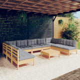 vidaXL 10-Piece Lounge Set with Grey Cushions Solid Pinewood