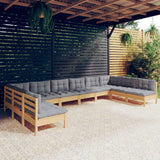 vidaXL 10-Piece Lounge Set with Grey Cushions Solid Pinewood