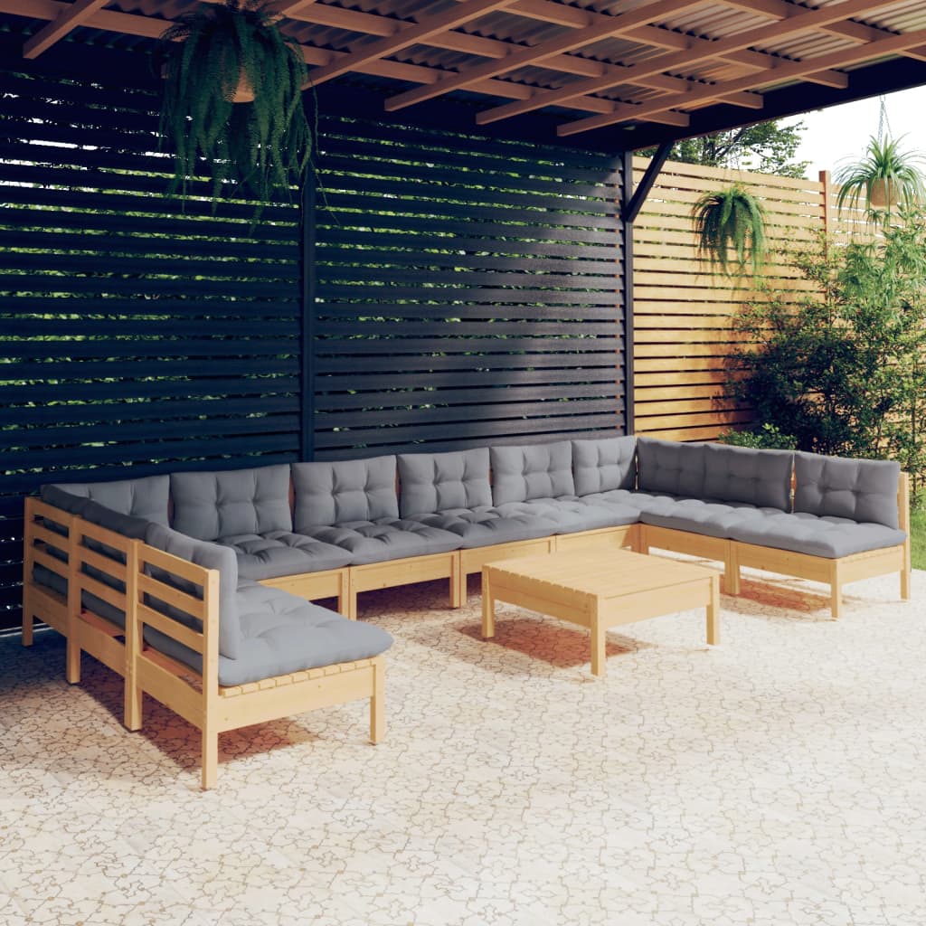 vidaXL 11-Piece Lounge Set with Grey Cushions Solid Pine Wood