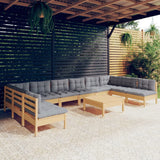 vidaXL 11-Piece Lounge Set with Grey Cushions Solid Pine Wood