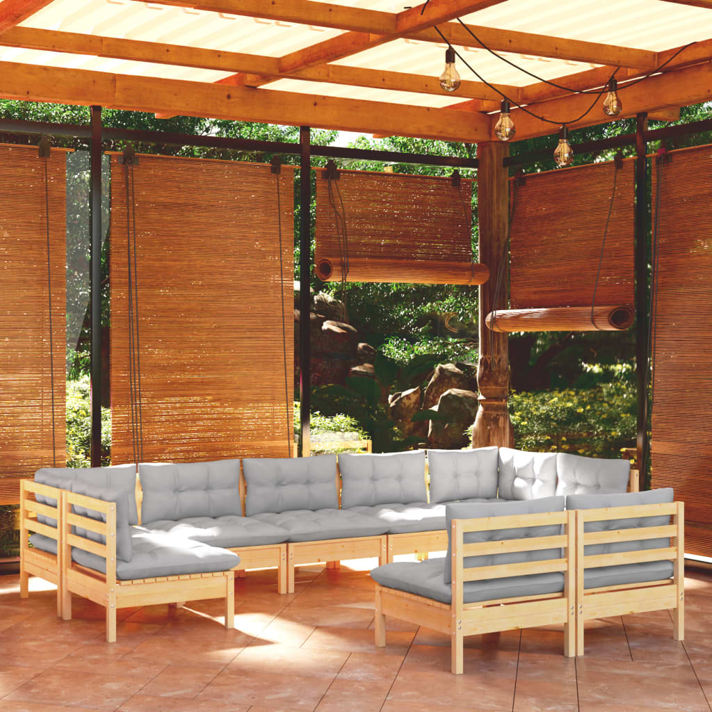 vidaXL 9-piece Lounge Set with Grey Cushions Solid Pine Wood
