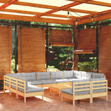 vidaXL 12-piece Lounge Set with Grey Cushions Solid Pine Wood