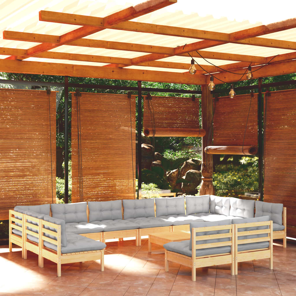 vidaXL 13-Piece Lounge Set with Grey Cushions Solid Pine Wood