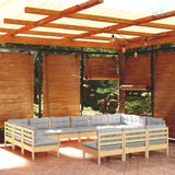 vidaXL 13-Piece Lounge Set with Grey Cushions Solid Pine Wood