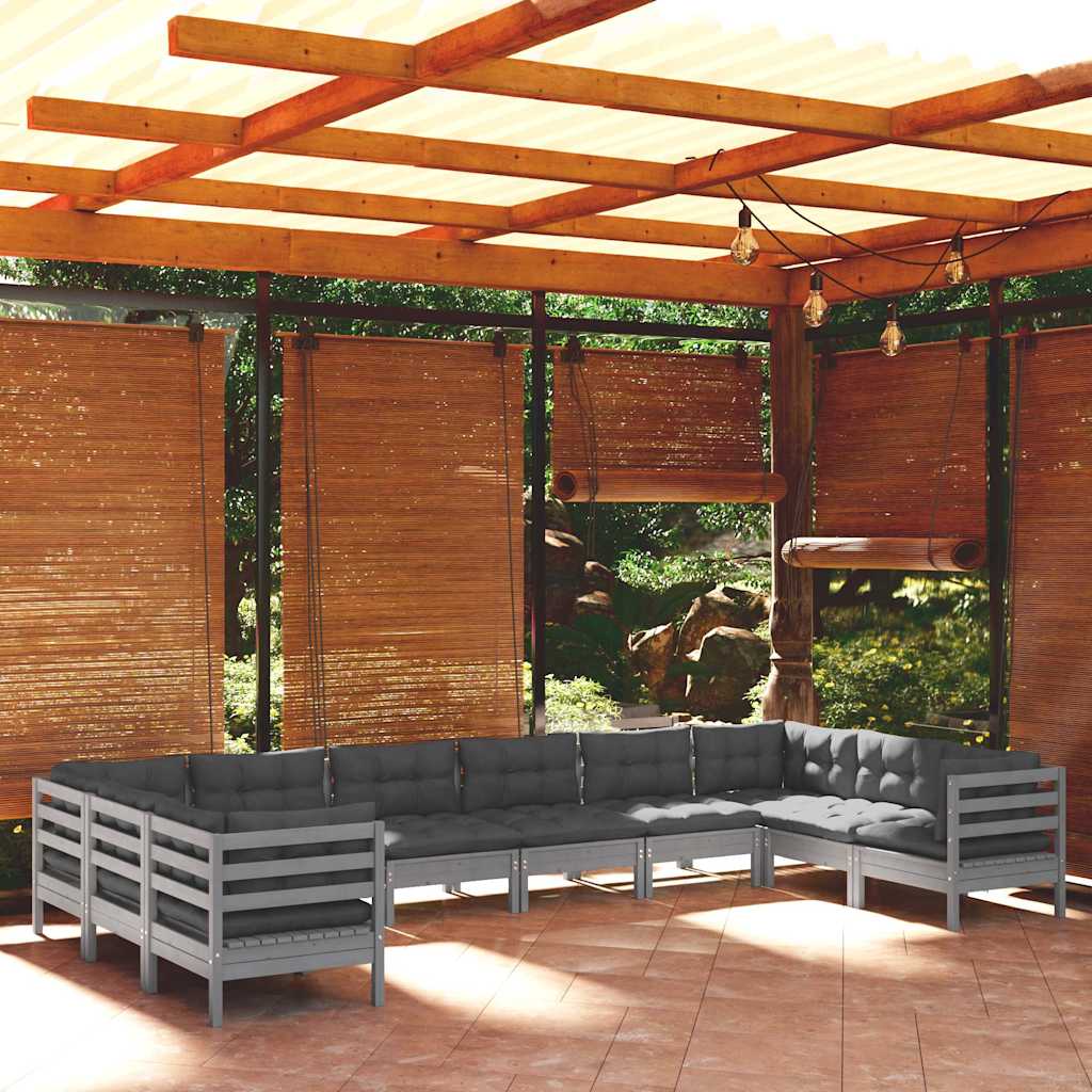 vidaXL 10-delige Loungeset met grijze kussens grenenhout