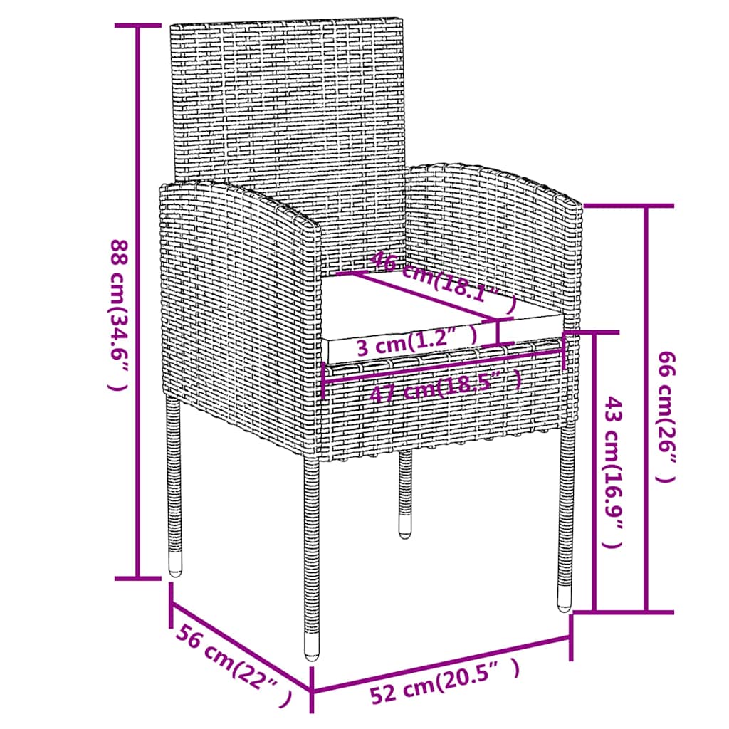 vidaXL 3-delige Tuinset poly rattan zwart