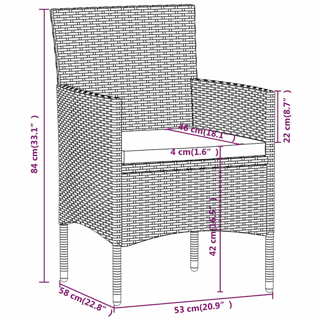 vidaXL 3-delige Tuinset met kussens zwart