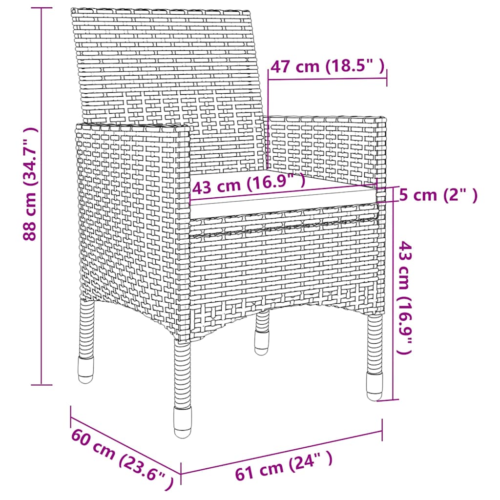 vidaXL 3-delige Tuinset met kussens poly rattan en glas