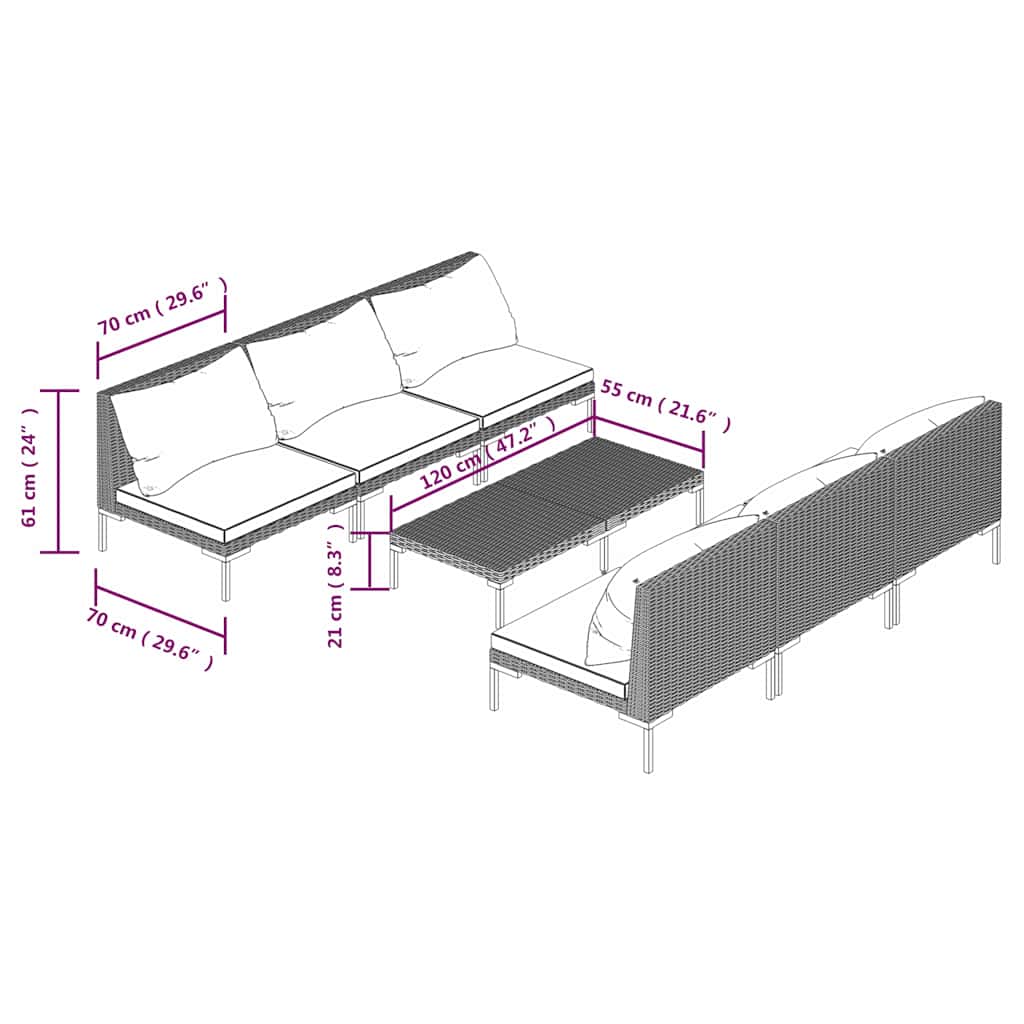 vidaXL 5-delige Loungeset met kussens poly rattan donkergrijs