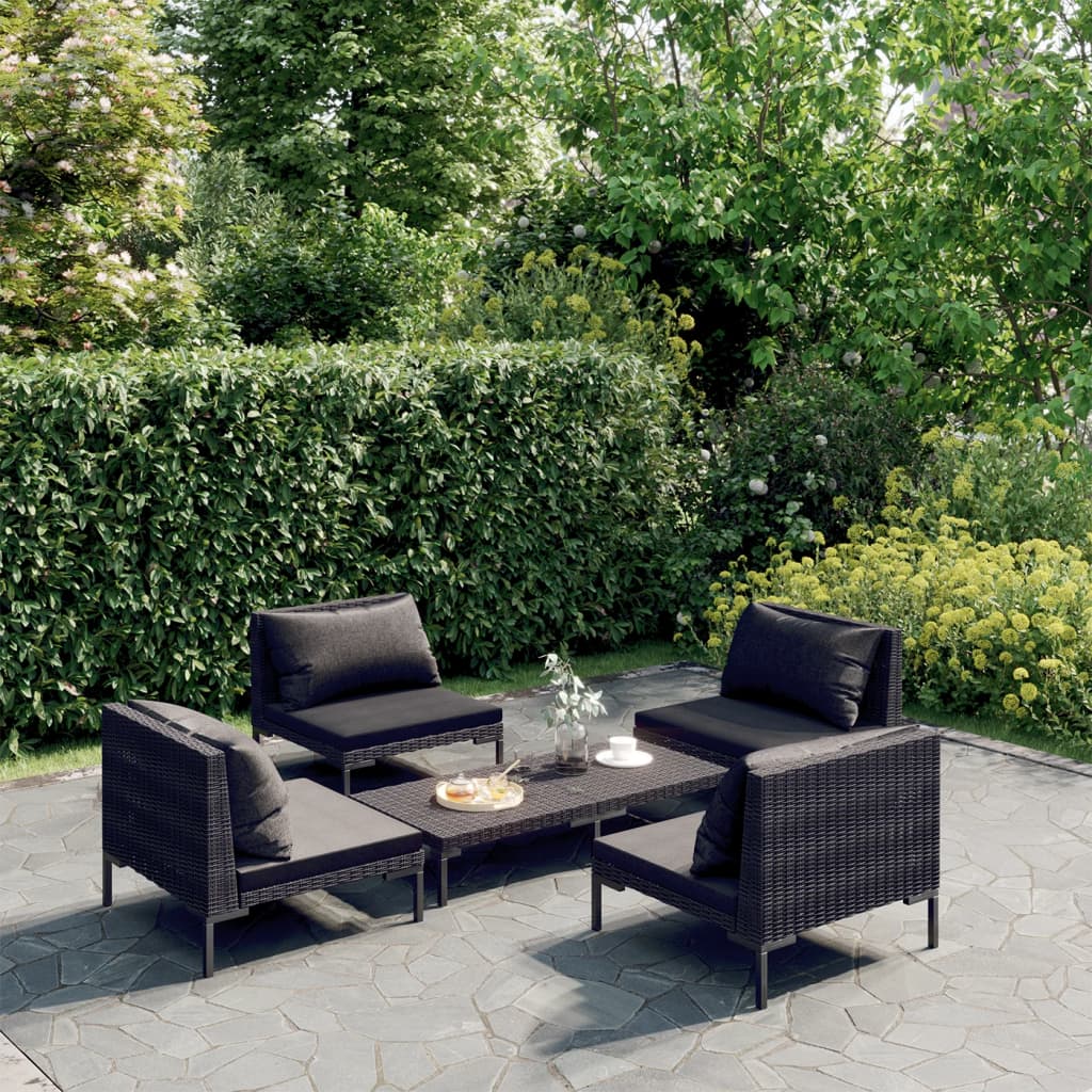 vidaXL 4-delige Loungeset met kussens poly rattan donkergrijs