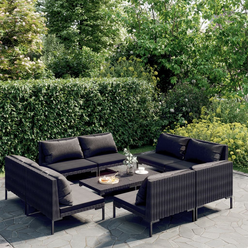 vidaXL 4-delige Loungeset met kussens poly rattan donkergrijs