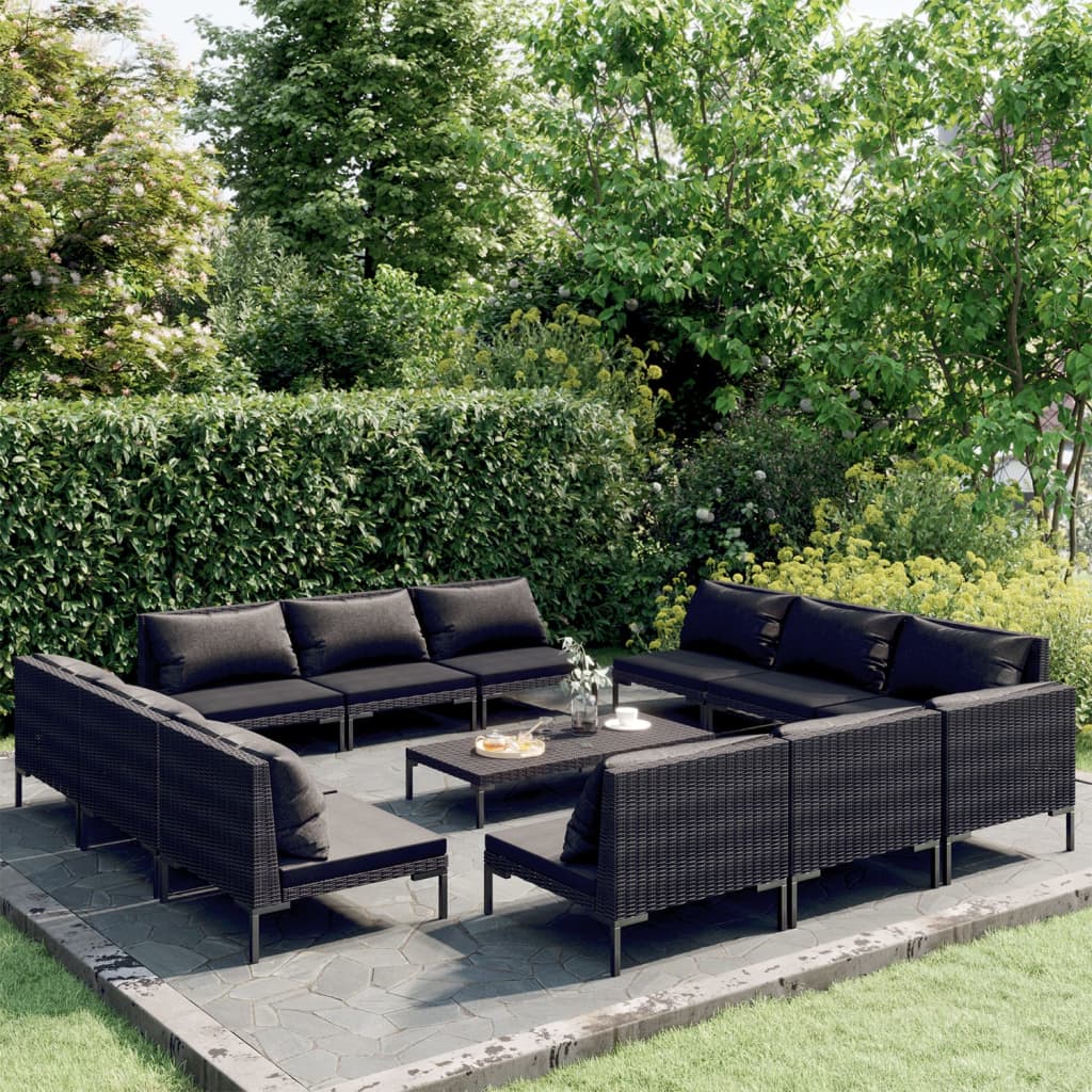 vidaXL 4-delige Loungeset met kussens poly rattan donkergrijs