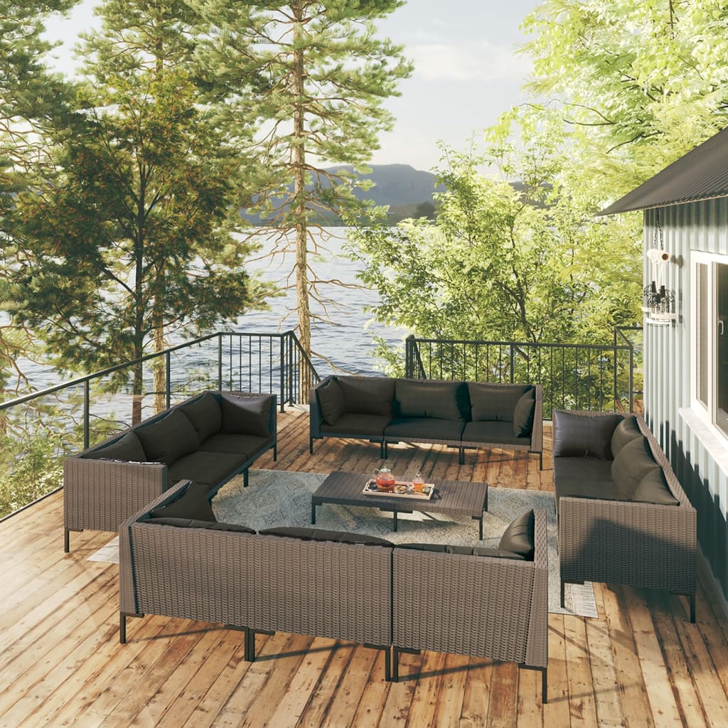vidaXL 4-delige Loungeset met kussens poly rattan donkergrijs