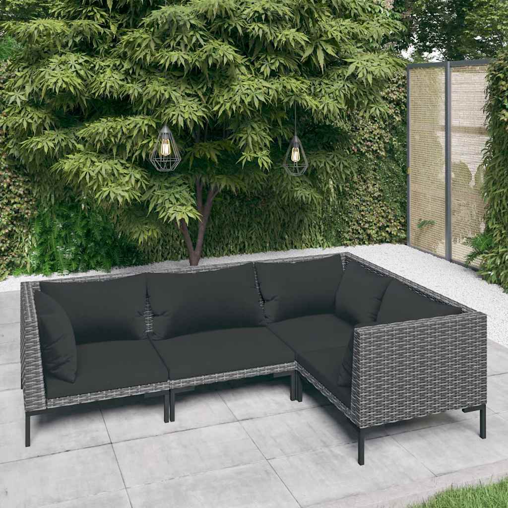 vidaXL 4-delige Loungeset met kussens poly rattan donkergrijs