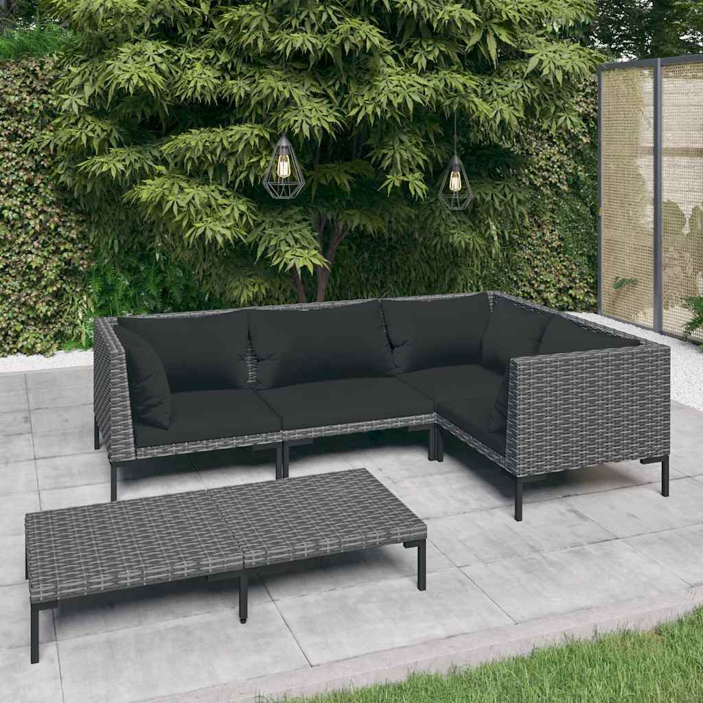 vidaXL 4-delige Loungeset met kussens poly rattan donkergrijs