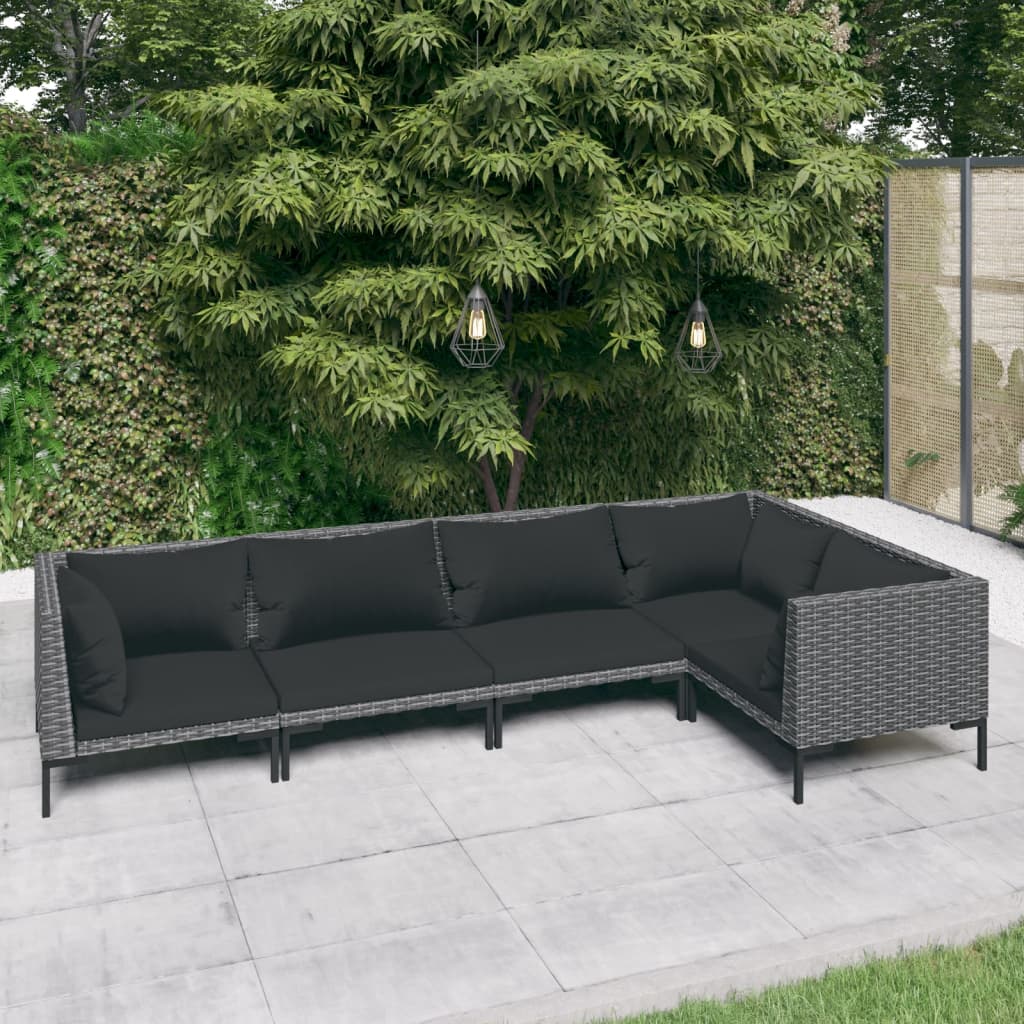 vidaXL 4-delige Loungeset met kussens poly rattan donkergrijs