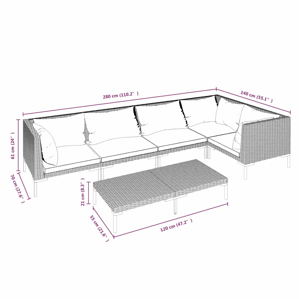 vidaXL 4-delige Loungeset met kussens poly rattan donkergrijs