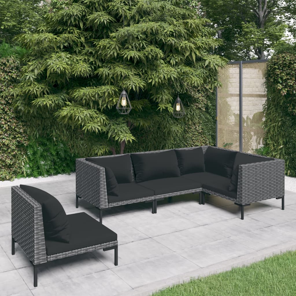 vidaXL 5-delige Loungeset met kussens poly rattan donkergrijs