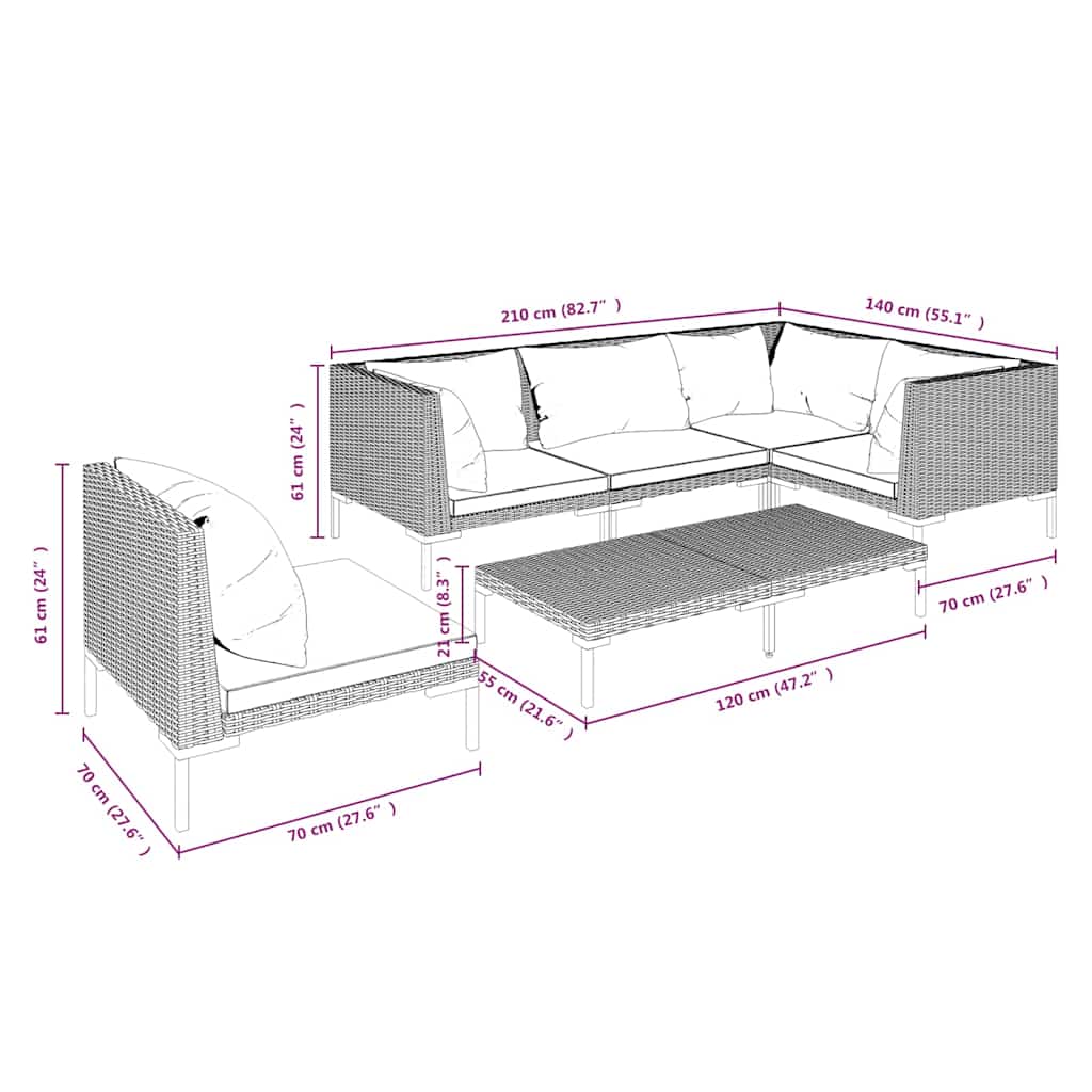 vidaXL 5-delige Loungeset met kussens poly rattan donkergrijs
