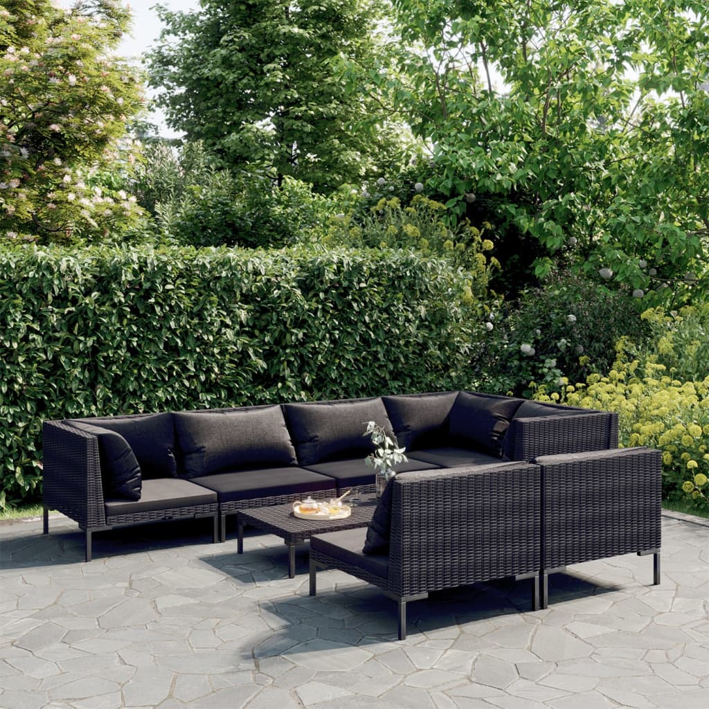 vidaXL 7-delige Loungeset met kussens poly rattan donkergrijs
