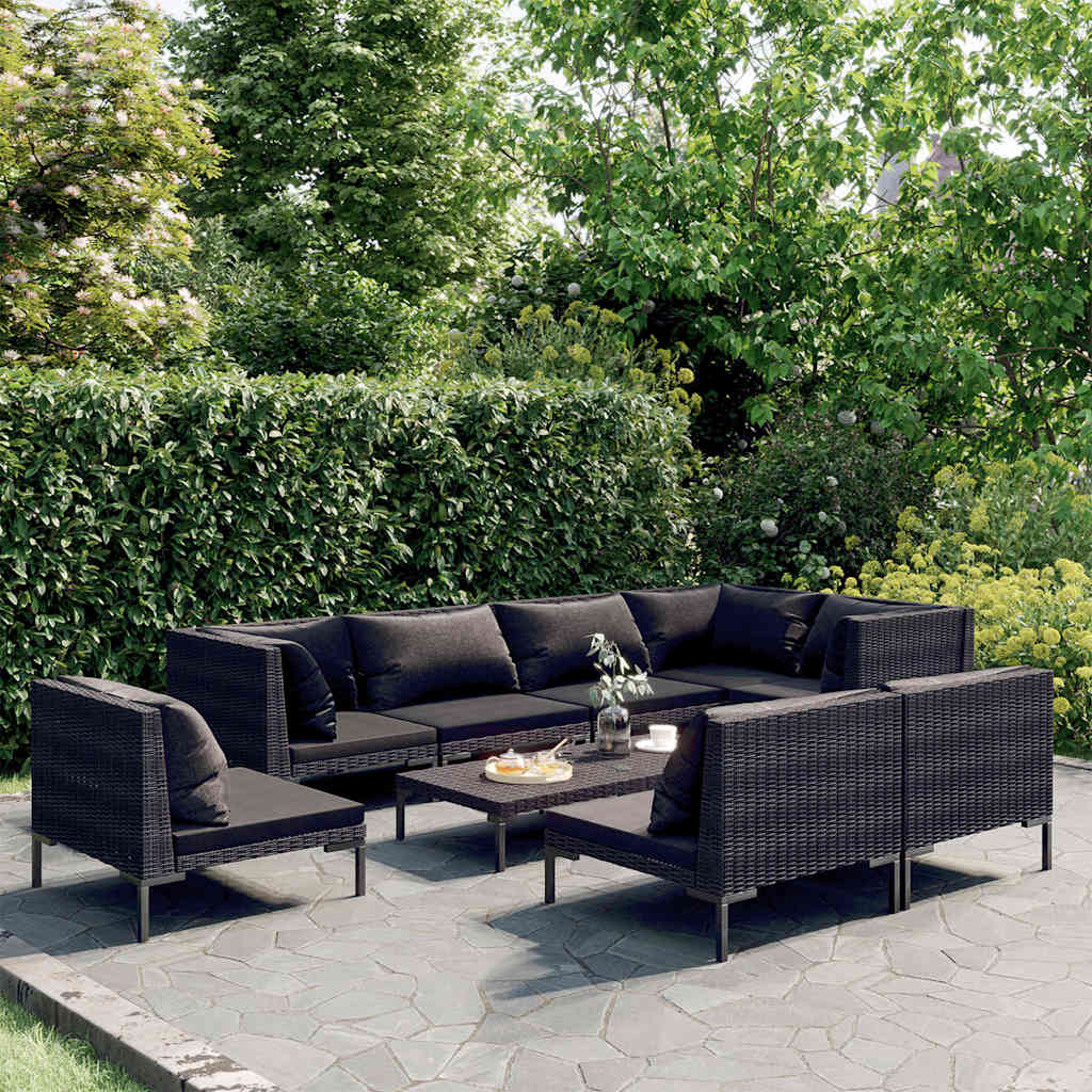 vidaXL 8-delige Loungeset met kussens poly rattan donkergrijs