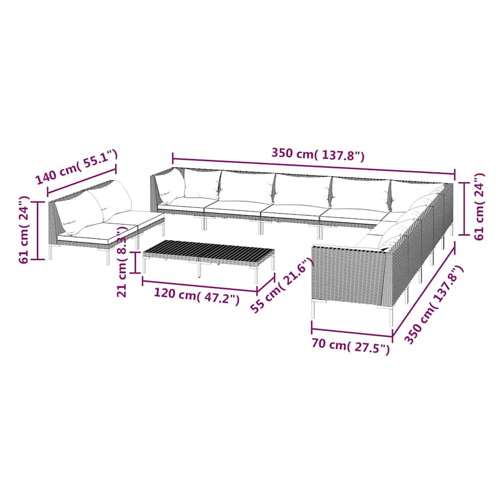 vidaXL 8-delige Loungeset met kussens poly rattan donkergrijs